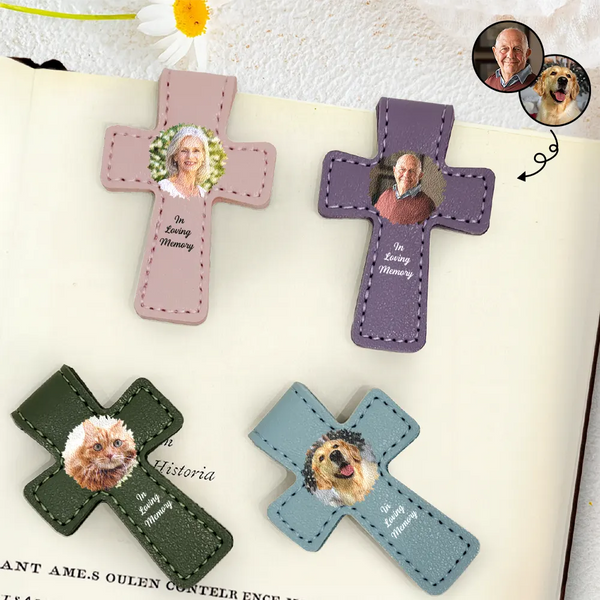 Gift For Yourself,Reading,Christian,Love - Custom Photo In Loving Memory Memorial - Personalized Cross Leather Magnetic Bookmark