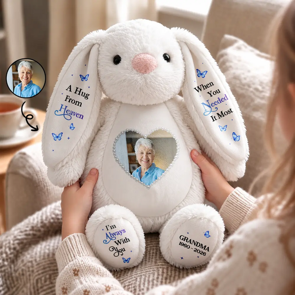 Christmas, Custom Photo, Gift For Kids, Healing, Memorial, Top Market, Upload Full Photo - Memorial Gift For Kids Grandkids - Personalized Custom Photo Name And Years Hug From Heaven Soft Toy Bunny