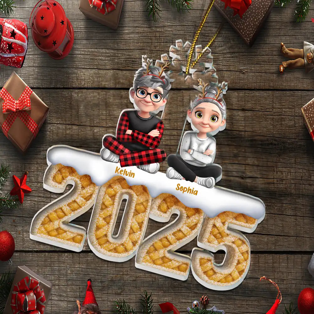 Family,Pet Lovers,Happy,Christmas - Christmas Apple Pie Couple With Pets 3D Effect - Personalized Custom Shaped Acrylic Ornament