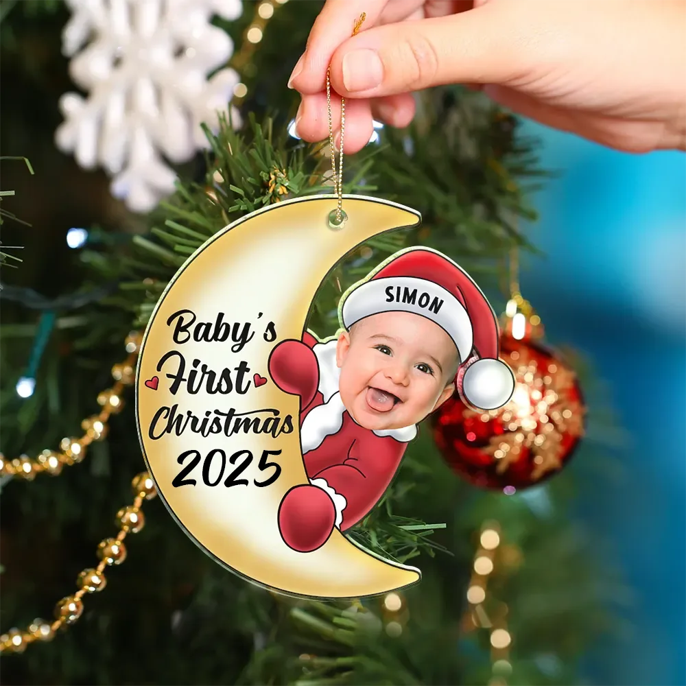 Custom Photo Christmas Santa Baby On The Moon - Personalized Cutout Acrylic Ornament