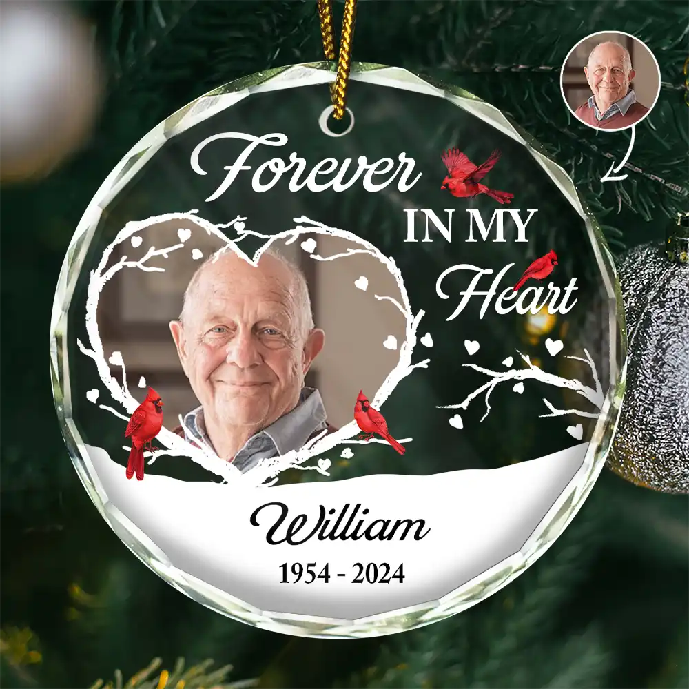 Christmas,Memorial,Sad,Custom Photo - Custom Photo Forever In My Heart Christmas - Personalized Circle Glass Ornament