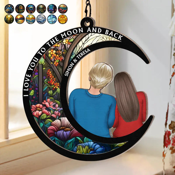 Gift For Couples,Gift For Husband,Gift For Wife,Gift For Boyfriend,Gift For Girlfriend - I Love You To The Moon And Back - Personalized Window Hanging Suncatcher Ornament