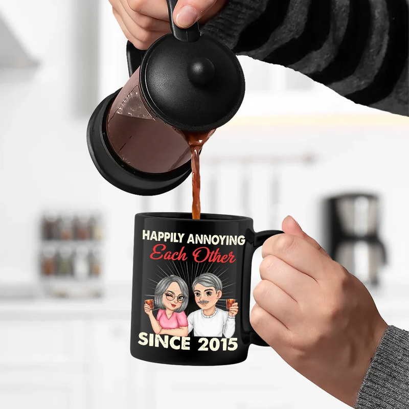 Gift For Couples, Old Couples, Gift For Husband, Gift For Wife, Gift For Boyfriend, Gift For Girlfriend - Couple Happily Annoying Each Other - Personalized Black Mug