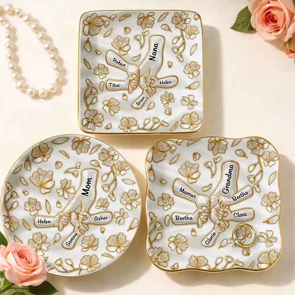 Gift For Wife, Gift For Mother, Gift For Grandma, Love - Hand In Hand Mom Grandma Nacre Effect - Personalized Ring Dish