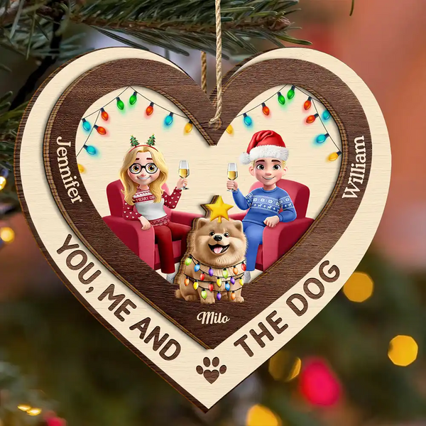 Gift For Couples,Gift For Husband,Gift For Wife,Gift For Boyfriend,Gift For Girlfriend,Dog Lovers,Dog Couple,Pet Lovers,Pet Couple,Christmas,Love - Heart You Me And The Dog - Personalized 2-Layered Wooden Ornament