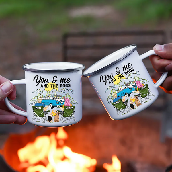 Camping,Campsite,Happy,Gift For Couples,Gift For Husband,Gift For Wife,Gift For Boyfriend,Gift For Girlfriend - Home Is Where We Park It You And Me And The Dogs - Personalized Enamel Mug