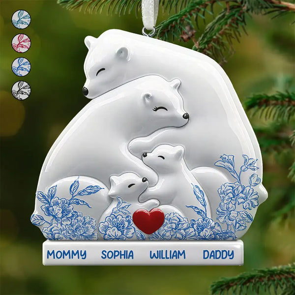 Family, Gift For Couples, Love, Christmas - Hugging Bear Family Flower Painting Art - Personalized Embossed Ceramic Ornament