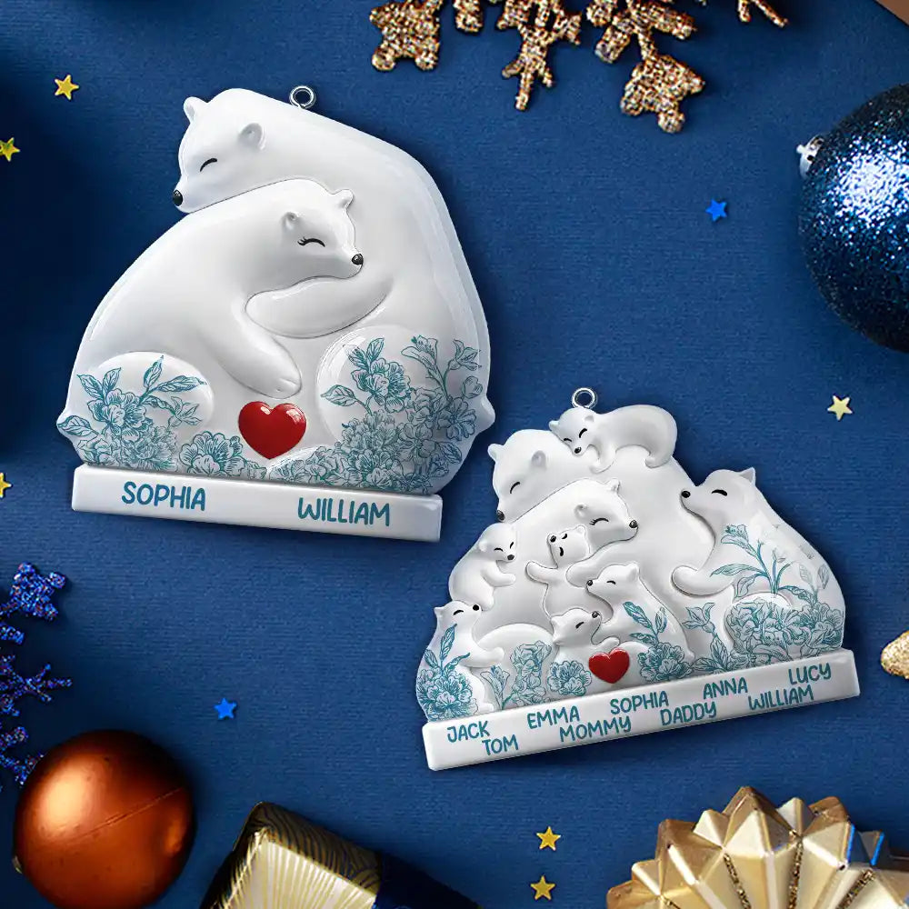 Family, Gift For Couples, Love, Christmas - Hugging Bear Family Flower Painting Art - Personalized Embossed Ceramic Ornament