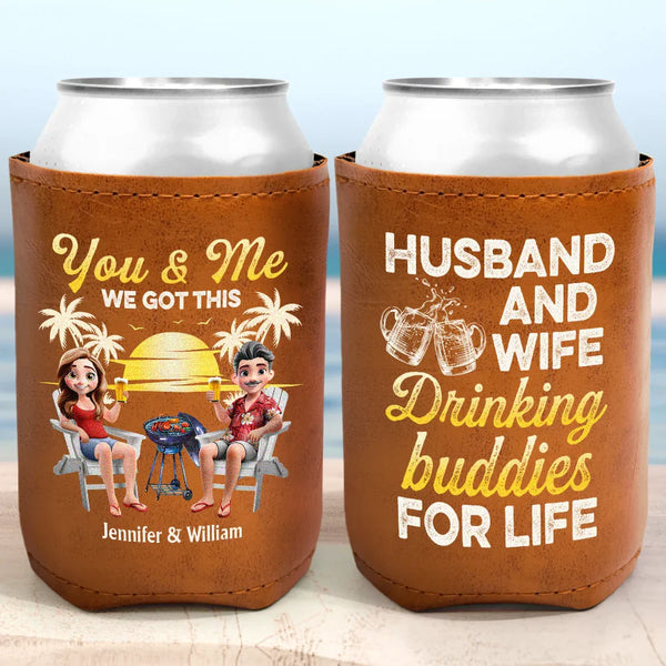 Gift For Couples, Gift For Husband, Gift For Wife, Gift For Boyfriend, Gift For Girlfriend, Happy - Husband And Wife Drinking Partners For Life - Personalized Leather Can Cooler