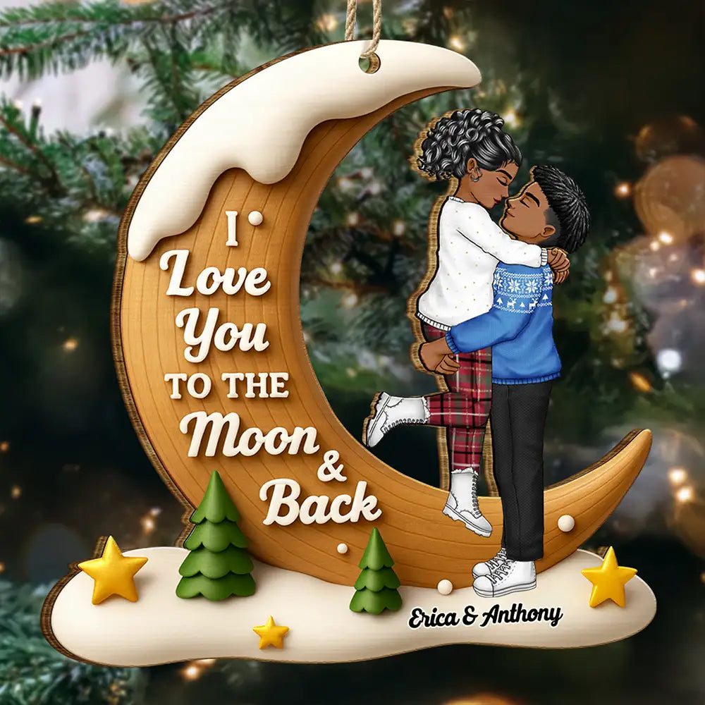 Gift For Couples, Christmas, Love - I Love You To The Moon And Back - Personalized Custom Shaped Wooden Ornament