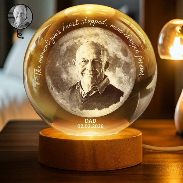 Gift For Yourself,Memorial,Sad,Gift For Mother,Gift For Father,Gift For Son,Gift For Daughter - Moon Phase Custom Photo Pencil Sketch Memorial The Moment Your Heart Stopped - Personalized Crystal Globe Lamp