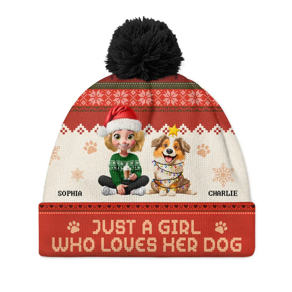 Pet Lovers,Pet Mom,Pet Dad,Dog Lovers,Dog Mom,Dog Dad,Happy,Christmas,Top Market - Just A Girl Who Loves Her Dog - Personalized Bobble Beanie Hat