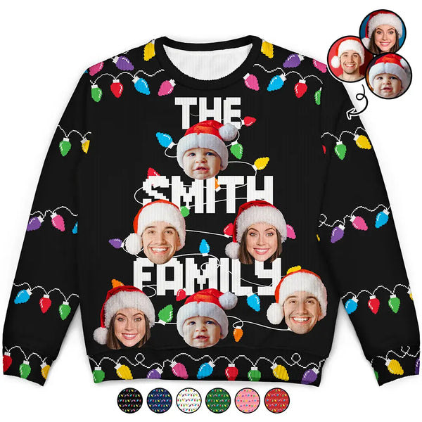 Christmas,Custom Photo,Family,Continue Shopping,Happy - Custom Photo Christmas Light Family Name - Personalized Unisex Ugly Sweater