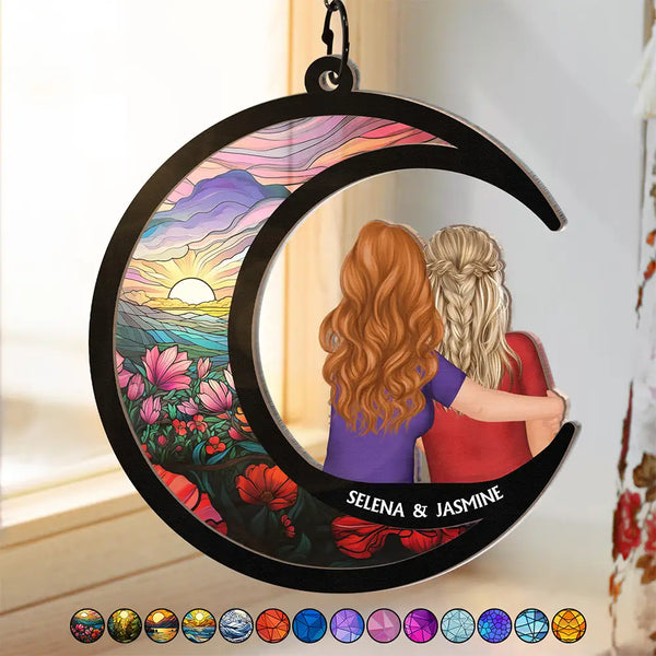 Gift For Bestie, Sisters - Sisters Besties Love You To The Moon - Personalized Window Hanging Suncatcher Ornament