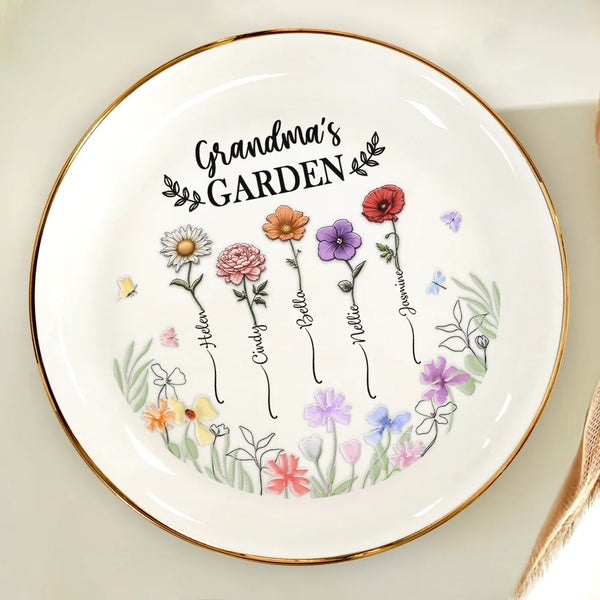 Gift For Mother,Gift For Grandma,Love - Birth Flower Grandma's Garden - 3D Embossed Effect Printed Ring Dish, Personalized Round Ring Dish