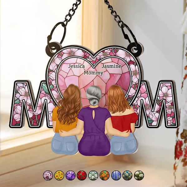 Gift For Mother,Mom - Daughters (Adult),Happy - Mom & Daughter Flower - Personalized Window Hanging Suncatcher Ornament