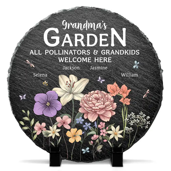 Gift For Grandma,Grandma's Hobby,Happy,Grandma,Grandkids - Pollinators And Grandkids Welcome Here - Personalized Circle Memorial Garden Stone