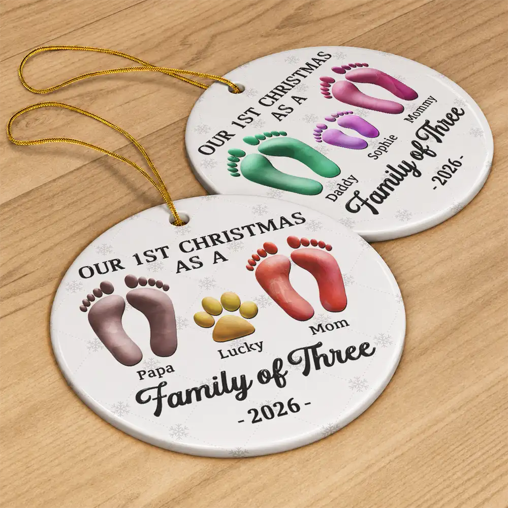 Christmas,Family,Dog Lovers,Cat Lovers,Pet Lovers,Parents,Happy - First Christmas As A Family Of Four Footprints 3D Effect - Personalized Circle Ceramic Ornament