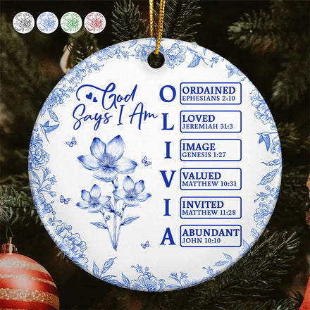 God Says I Am Name Letter In Bible Toile De Jouy Flower - Personalized Circle Ceramic Ornament