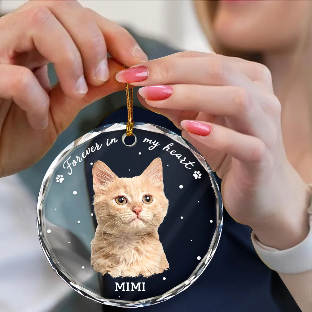 Custom Photo,Pet Lovers,Memorial,Sad - Custom Photo B&W Pet Loss Pet Memorial Forever Leaving Pawprints - Personalized Circle Glass Ornament