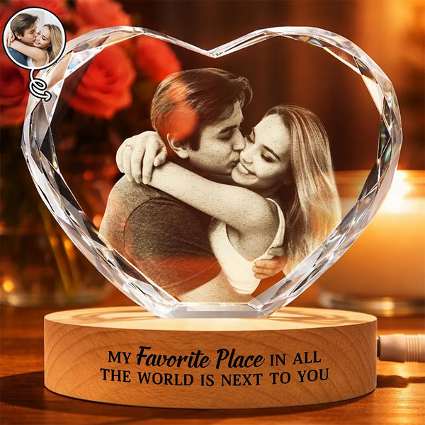 Custom Photo My Favorite Place In All The World Is Next To You - Personalized Crystal Heart Shaped Lamp