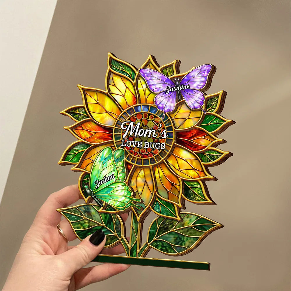 Gift For Grandma,Grandma - Grandkids,Grandma's Hobby,Gardening,Happy,Icon,Adorable - Grandma's Love Bugs Stained Glass Effect - Personalized Custom Shaped Wooden Plaque