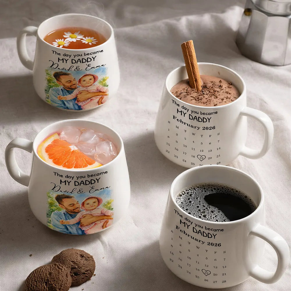 Custom Photo,Gift For Father,New baby,New Dad,Non-Eng,Calendar,Photo - Watercolor,Adorable - Calendar Custom Photo Watercolor The Day You Became My Dad - Personalized Tapered Mug