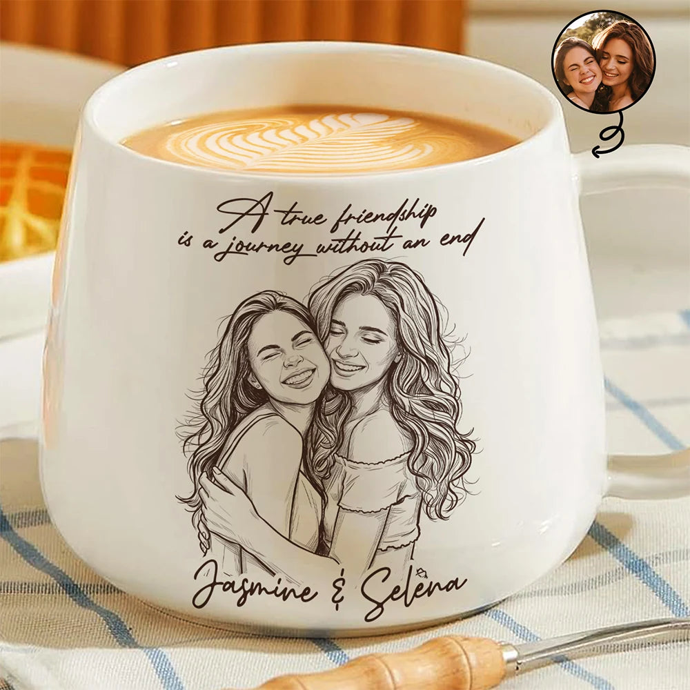 Custom Photo,Gift For Bestie,Happy,Non-Eng,Photo - Pencil Sketch,Sentimental - Custom Photo Pencil Sketch A True Friendship Is A Journey Without An End - Personalized Tapered Mug