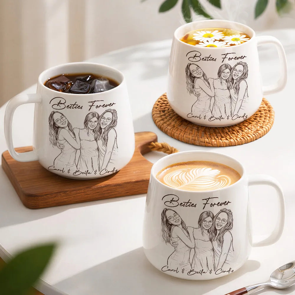 Custom Photo,Gift For Bestie,Happy,Non-Eng,Photo - Pencil Sketch,Sentimental - Custom Photo Pencil Sketch A True Friendship Is A Journey Without An End - Personalized Tapered Mug