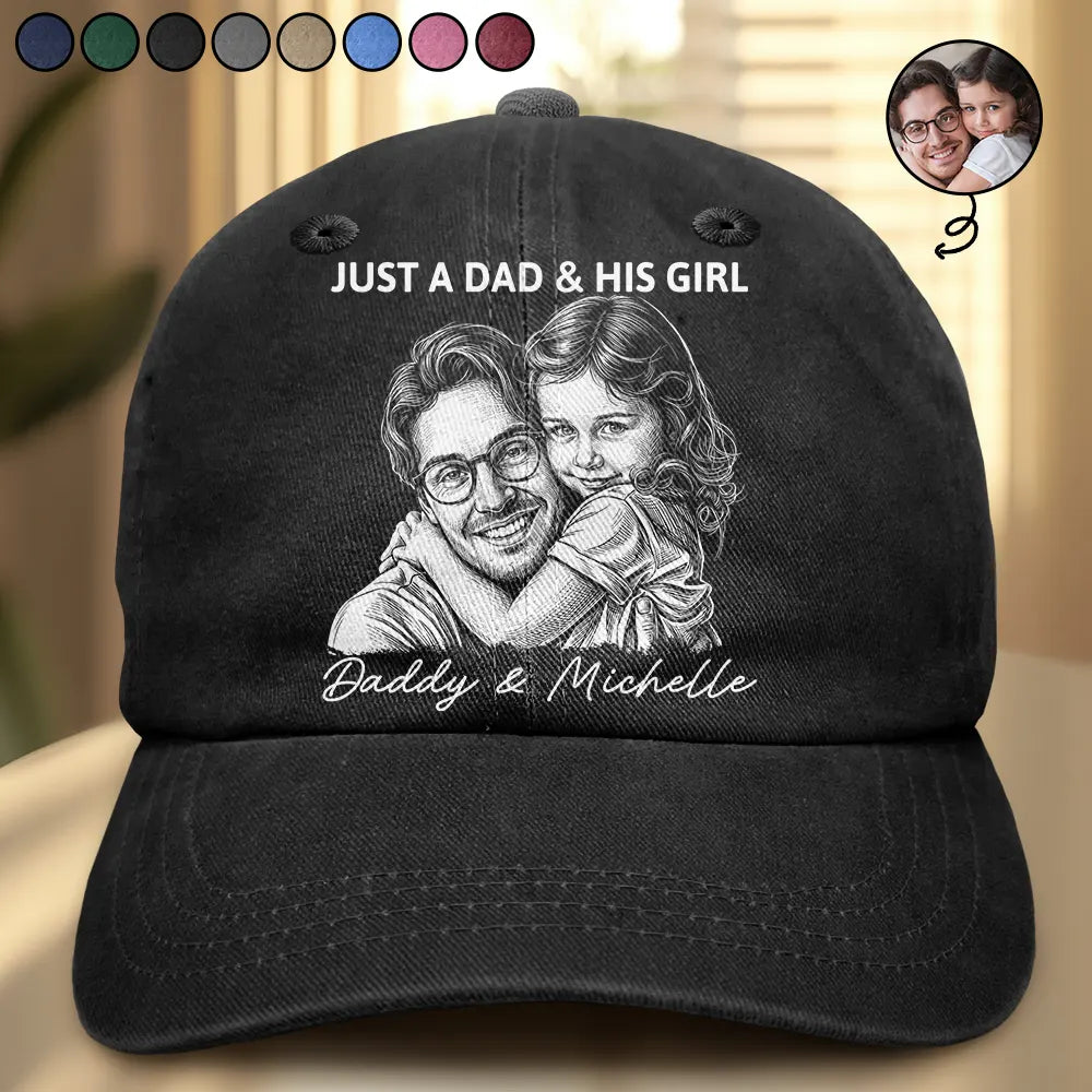 Custom Photo,Gift For Father,Dad - Daughters (Young),Non-Eng,Photo - Pencil Sketch (Dark BG),Proud - Custom Photo White Pencil Sketch Art Just A Dad And His Girl - Personalized Vintage Washed Denim Cap