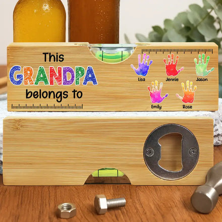 Kid Handprint This Grandpa Daddy Belongs To - Personalized Bottle Opener Wood Level