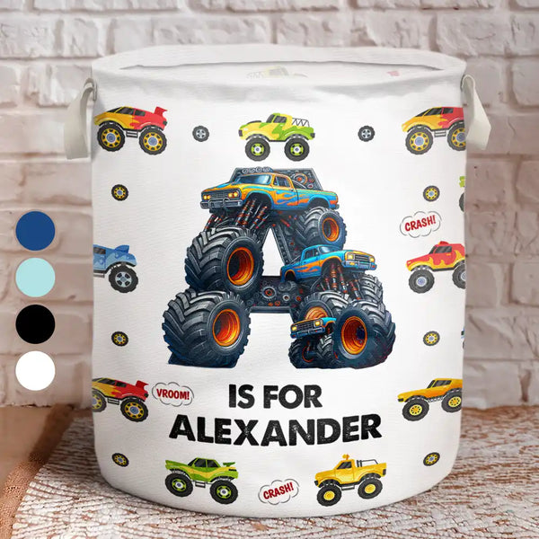Gift For Kids, Funny - Kid Monster Truck Toy Container Monogram Initial - Personalized Laundry Basket, Storage Basket
