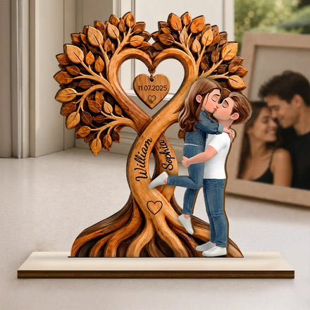 Kissing Couple Under Heart Tree - Personalized Custom Shaped Wooden Plaque