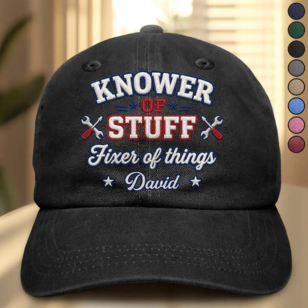 Knower Of Stuff Fixer Of Things Embroidery Effect - Personalized Vintage Washed Denim Cap
