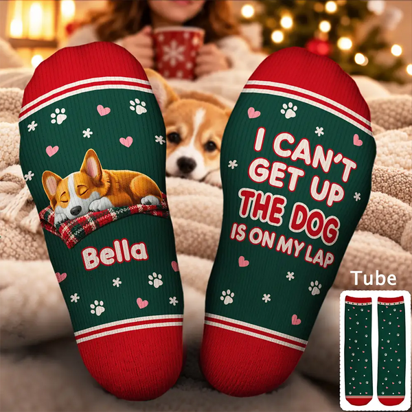 Christmas,Pet Lovers,Playful,Vector - Christmas Gift For Pet Lover - Personalized The Dog Is On My Lap Socks