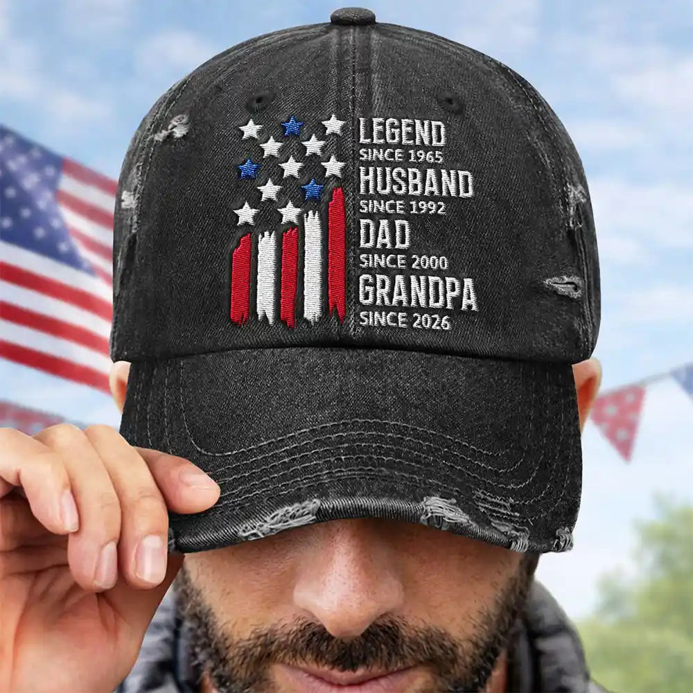 Gift For Father, Gift For Grandpa, Independence Day, Happy - Legend Husband Dad Grandpa American Style - Personalized Embroidered Distressed Cap