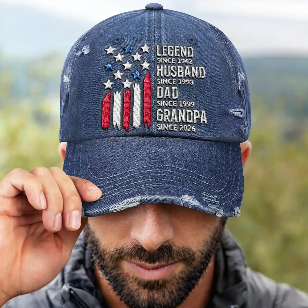 Gift For Father, Gift For Grandpa, Independence Day, Happy - Legend Husband Dad Grandpa American Style - Personalized Embroidered Distressed Cap