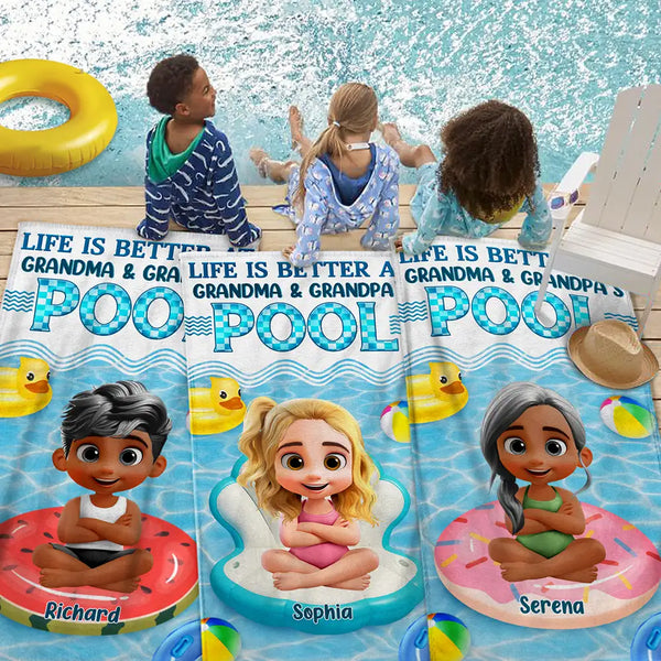 Gift For Grandkids, Gift For Kids, Poolside, Happy, Summer - Life Is Better At Grandma And Grandpa's Pool - Personalized Beach Towel