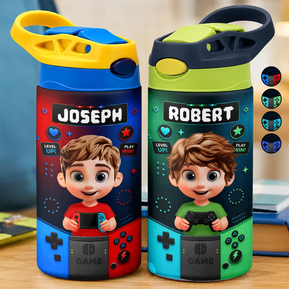Playful,Back To School,Gift For Kids,Vector - Little Boy Girl Playing Game - Personalized Insulated Water Bottle With Straw