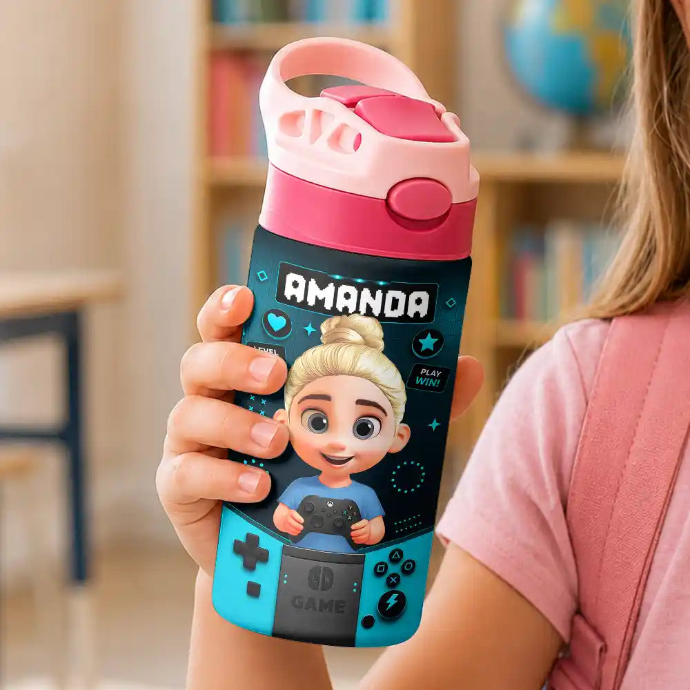 Playful,Back To School,Gift For Kids,Vector - Little Boy Girl Playing Game - Personalized Insulated Water Bottle With Straw