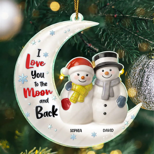Christmas,Gift For Couples,Love - Love You To The Moon Couple Snowman Ceramic Effect - Personalized Custom Shaped Acrylic Ornament