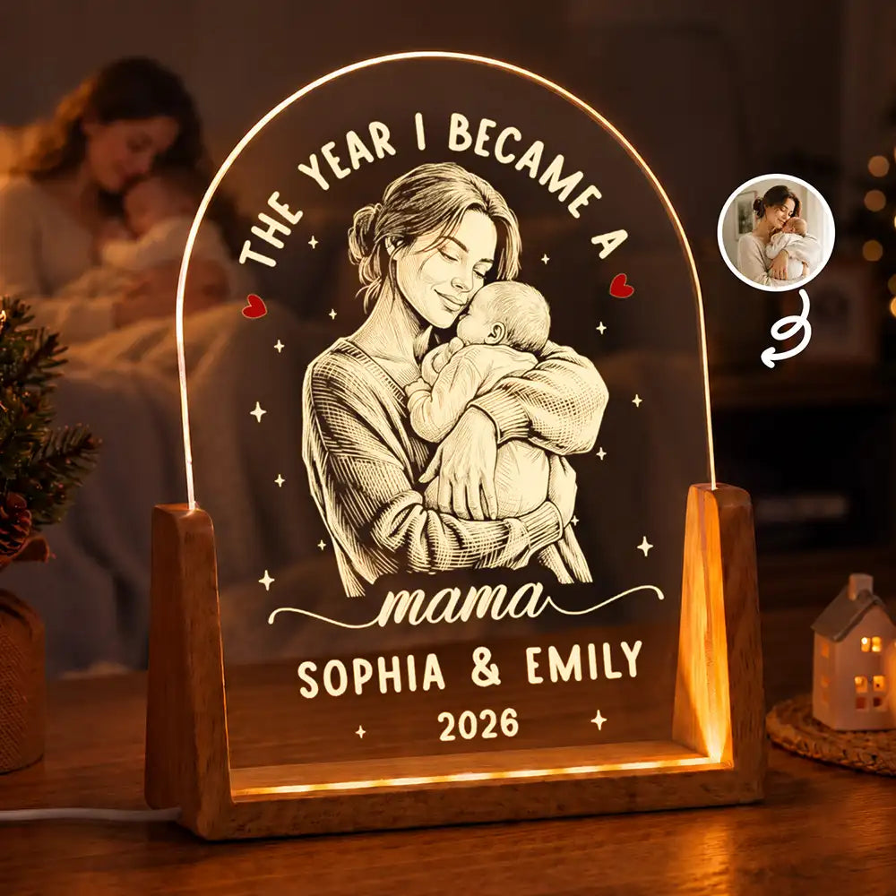 Art Design, Christmas, Custom Photo, First Christmas, Gift For Mother, Gifts For Her, Happy, New Baby, New Mom, Photo - Pencil Sketch - Dark BG - Gift For New Mom - Personalized Custom Photo Pencil Sketch The Year I Became A Mama Night Light
