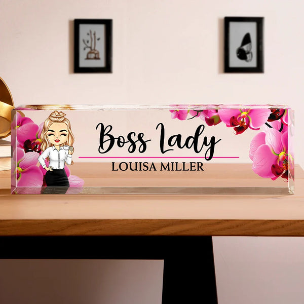 Gifts For Colleagues,Custom Photo,Gift For Bestie,Happy - Boss Lady Flower Frame - Personalized Desk Name Plate