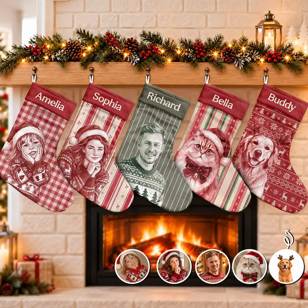Art Design,Christmas,Custom Photo,Family,Happy,Photo - Porcelain Art Style - Fireplace Mantel Decor For Family - Personalized Custom Photo Watercolor Pet Family Name Christmas Stocking
