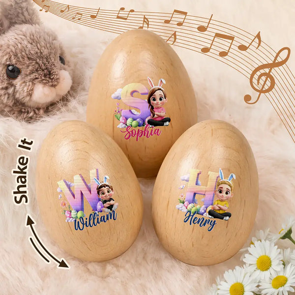 Easter,Non-Eng,Gift For Kids,Gift For Grandkids,Grandma,Grandkids,Grandpa,Dad,Children,Children,Happy - Kid Baby Sitting With Easter Alphabet Letters - Personalized Musical Wooden Easter Egg Shaker