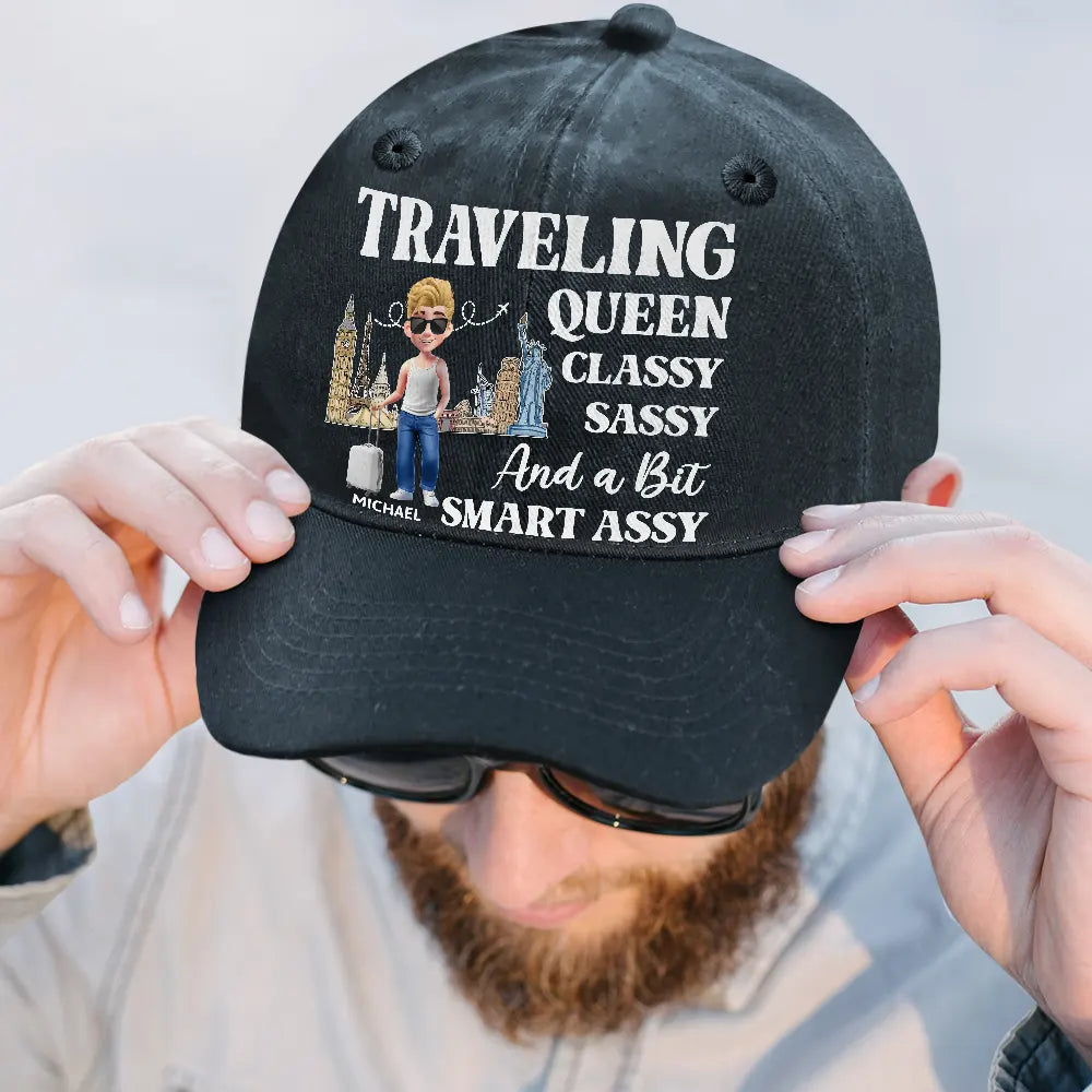 Travel,Gift For Yourself,Funny - Traveling Queen Classy Sassy - Personalized Vintage Washed Denim Cap
