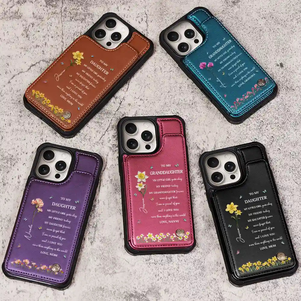 Gift For Daughter,Gift For Women,Happy,Gift For Grandkids - Faux Pressed Birth Flower My Daughter Forever - Personalized Leather Flip Wallet Phone Case