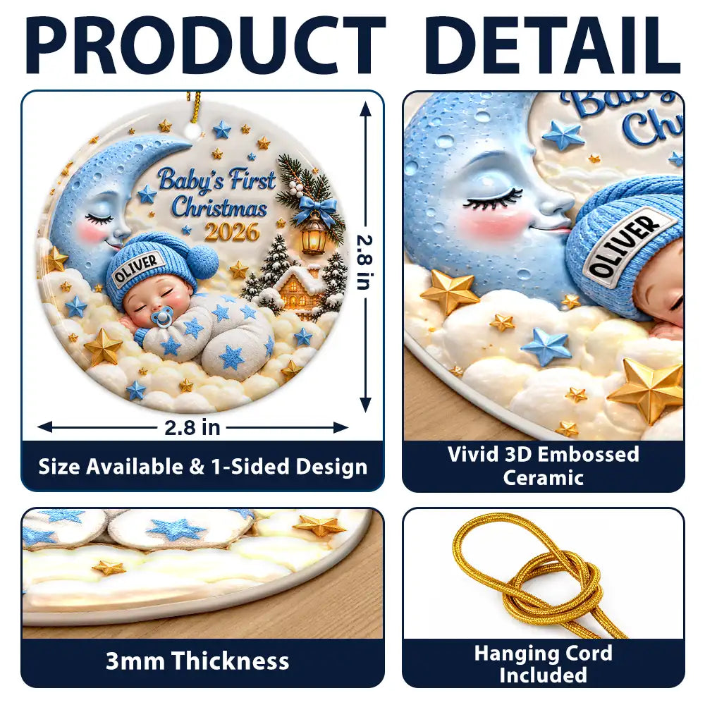 Christmas,Gift For Baby,New Baby,Sentimental,Vector - Baby's First Christmas - Personalized Sleeping Baby 3D Embossed Circle Ceramic Ornament