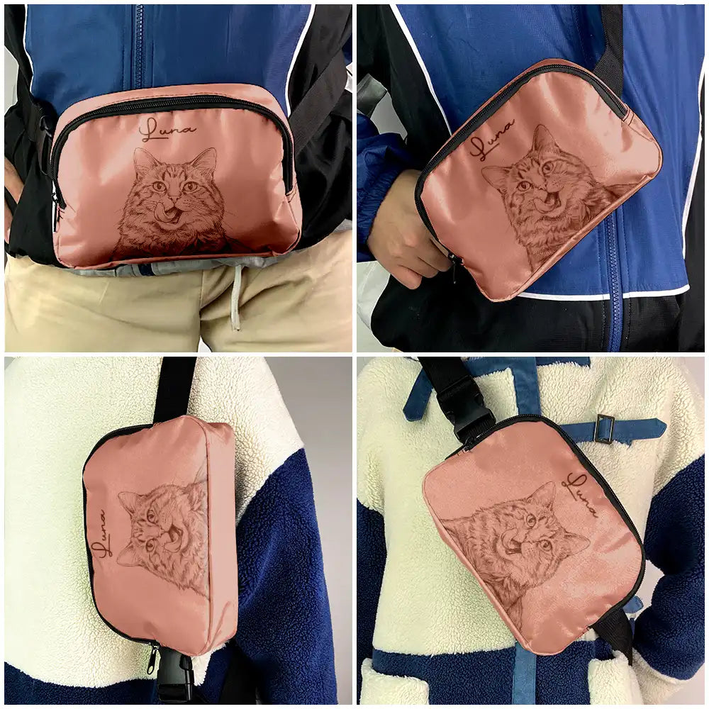 Custom Photo,Beach,Art Design,Summer,Pet Lovers,Playful,Photo - Pencil Sketch - Remove BG - Custom Photo Pencil Sketch Besties Dog Cat Funny Portrait - Personalized Crossbody Belt Bag