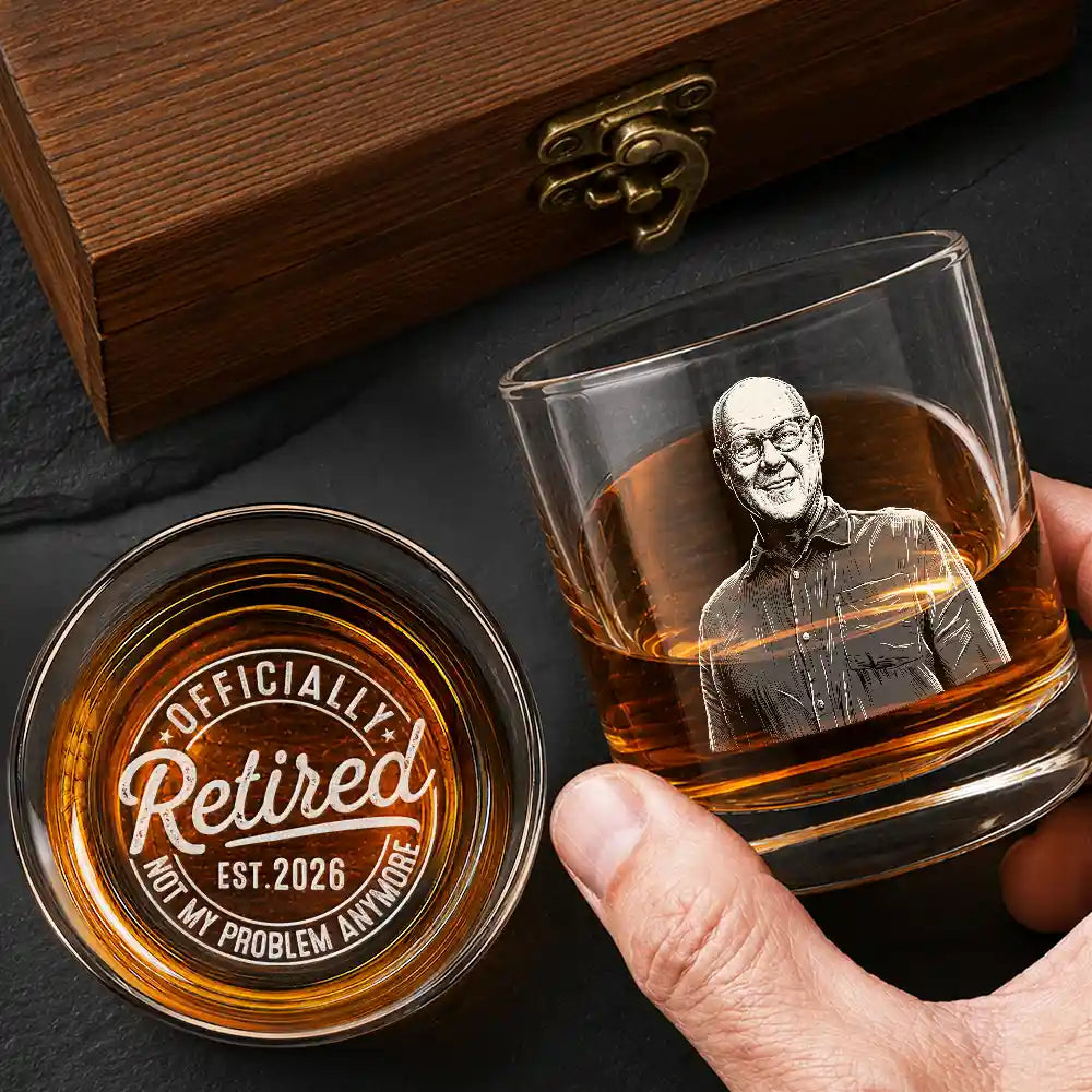 Gift For Father,Custom Photo,Art Design,Retirement,Humorous,Photo - Pencil Sketch - Dark BG - Custom Photo White Pencil Sketch Art Officially Retired Not My Problem Anymore - Personalized Whiskey Glass